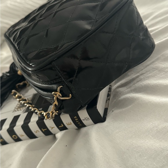 Authentic CHANEL BLACK PATENT SMALL CC TASSEL CAMERA BAG - Picture 5 of 13